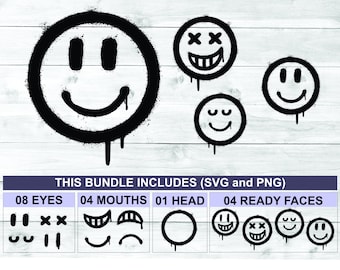 Smiley Face SVG Bundle | 04 Fertige Gesichter + separate Elemente SVG und PNG | Glückliches Gesicht Vintage Graffiti | Digitale Datei | Sofortiger Download