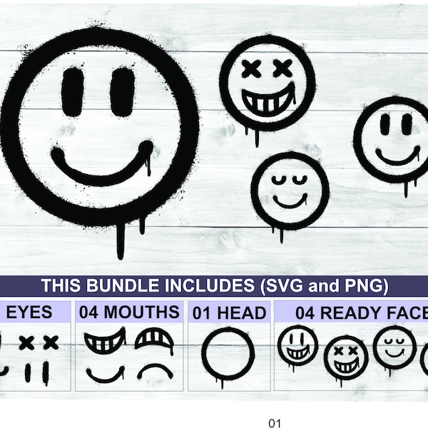 Smiley Face SVG Bundle | 04 Ready Faces + Separate Elements SVG and PNG | Happy Face Vintage graffiti | Digital File | Instant Download