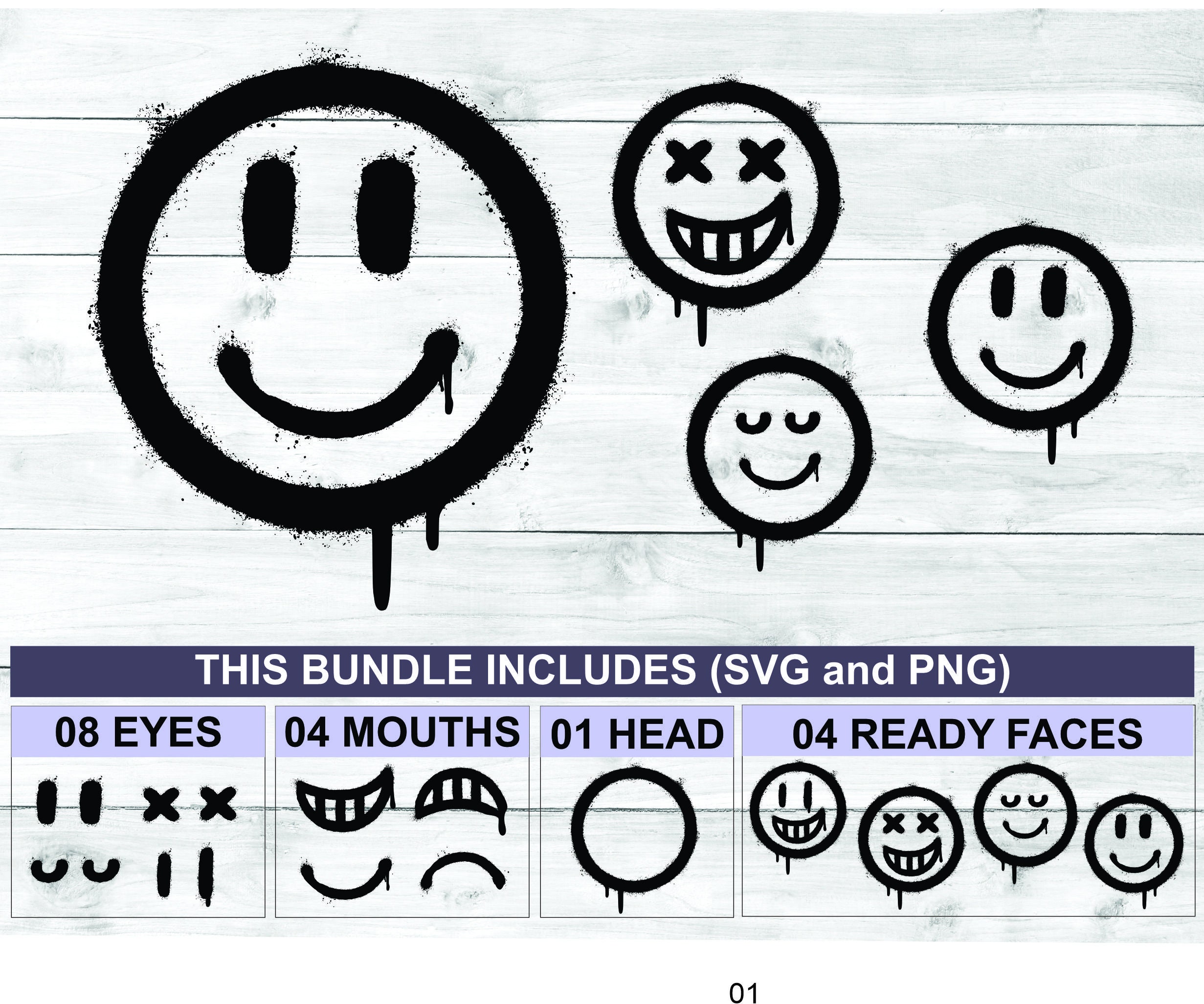 Smiley Face SVG Bundle 04 Ready Faces Separate Elements SVG and PNG Happy  Face Vintage Graffiti Digital File Instant Download - Etsy