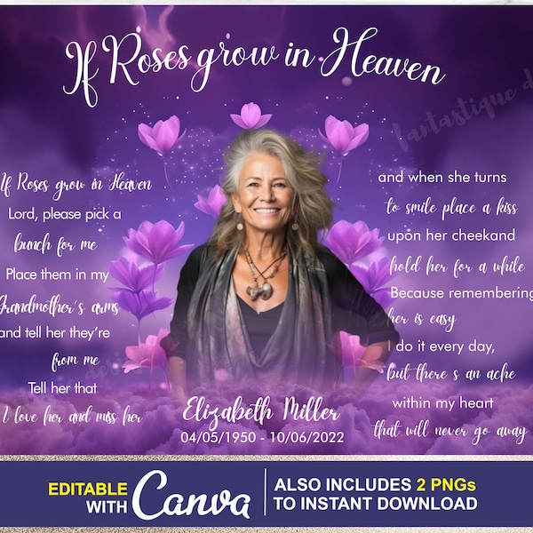 GRANDMOTHER Memorial Poem PNG, Editable Purple Memorial, Add Pictures, Names, In loving Memory, Also Includes 02 PNGs to Instant Download