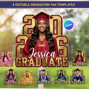 Pode incluir: Um modelo de leque de formatura com um esquema de cores bordô e dourado. O design apresenta uma graduada com toga e chapéu, com o texto "2026 Graduate" e o nome "Jessica". Modelos adicionais com nomes e cores diferentes também são exibidos.