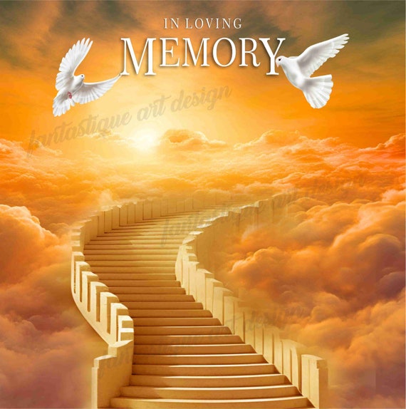 In Loving Memory PNG, Memorial Background Template Stairs to Heaven, Rest  in Peace, Cloudy Sky, 04 Designs Included for Instant Download