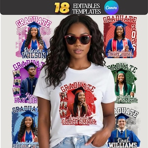 May include: A white t-shirt featuring a graduation design with the text "GRADUATE 2026" and a photo of a graduate. The image also includes several other graduation-themed templates with photos and names.