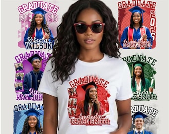 May include: A white t-shirt featuring a graduation design with the text "GRADUATE 2026" and a photo of a graduate. The image also includes several other graduation-themed templates with photos and names.