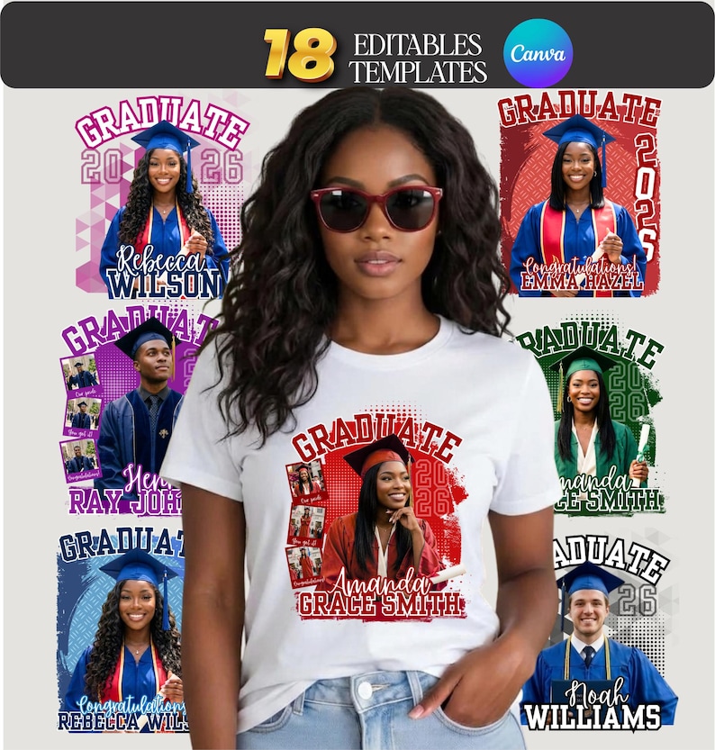 May include: A white t-shirt featuring a graduation design with the text "GRADUATE 2026" and a photo of a graduate. The image also includes several other graduation-themed templates with photos and names.