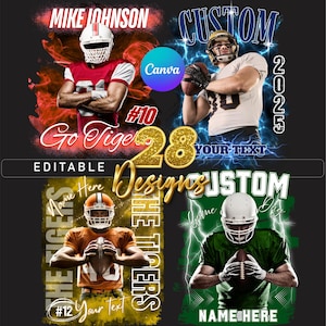 Può includere: Quattro design di giocatori di football con testo personalizzabile. Ogni design presenta un giocatore in uniforme, che tiene un pallone da football. I design includono testo come "Mike Johnson", "Custom", "Go Tigers", "Game Day" e "Editable".