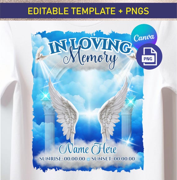 In loving Memory PNG, Blue Memorial EDITABLE Template; Custom Stairs to Heaven, RIP design, Funeral Shirt Design, Instant Download