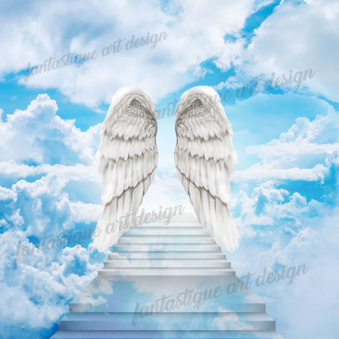 In Loving Memory PNG, Memorial Background Template Stairs to Heaven, Rest  in Peace, Cloudy Sky, 04 Designs Included for Instant Download