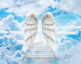 In Loving Memory PNG, Memorial Heaven Background, Stairs to Heaven, Angel Wings,Design With and without Wings Included, Instant Download