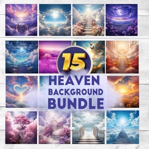 May include: A digital collage of 15 images depicting a stairway to heaven. The images feature clouds, stars, and a golden gate. The text "15 HEAVEN BACKGROUND BUNDLE" is displayed in the centre of the collage.