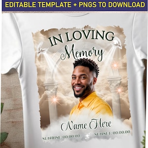 Peut inclure: Un t-shirt blanc avec un motif commémoratif représentant la photo d'un homme, des nuages et une arche blanche. Le texte "In Loving Memory" est écrit en cursive verte. Le texte "Name Here" est écrit en vert. Le texte "Sunrise: 00.00.00 Sunset: 00.00.00" est écrit en noir.
