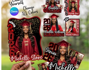 May include: A collection of six editable graduation fan templates. The designs feature photos of a graduate in a maroon cap and gown, with text that reads "Senior 2024" and "Michelle Stone". The templates are customizable with Canva.