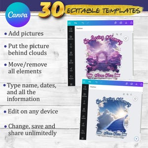 May include: A Canva screen showing two templates for memorial tributes. Both templates feature a stairway to heaven with clouds and the text "In Loving Memory". The text "Name Here" is also included in both templates.