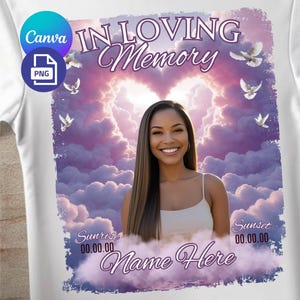 In loving Memory Editable Shirt Design, Purple Heaven, Heart in Heaven Background Template and PNGs to Download, Digital Item