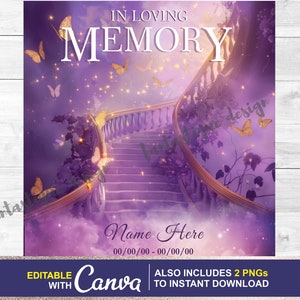 In loving Memory PNG, Memorial Purple Heaven Golden Butterflies, EDITABLE Template RIP Funeral ShirtDesign Digital File, Instant Download