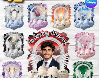 Plantilla de camiseta "En memoria amorosa", paquete de 42 plantillas Canva conmemorativas editables, alas de ángel, edita tú mismo, fondo conmemorativo