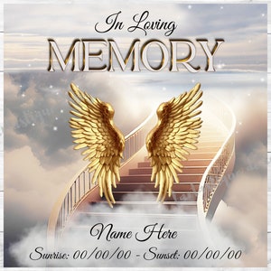 En memoria amorosa PNG, plantilla conmemorativa dorada, archivos celestiales editables y para descarga instantánea, alas de ángel doradas en el cielo, artículo digital