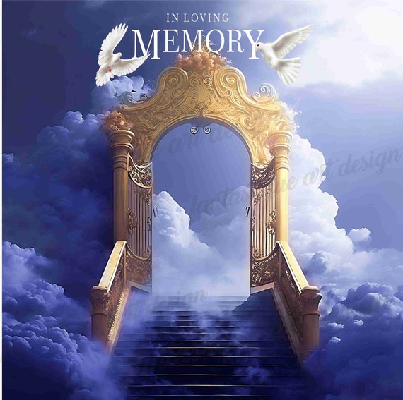 In Loving Memory PNG, Memorial Background Template Stairs to Heaven, Rest  in Peace, Cloudy Sky, 04 Designs Included for Instant Download