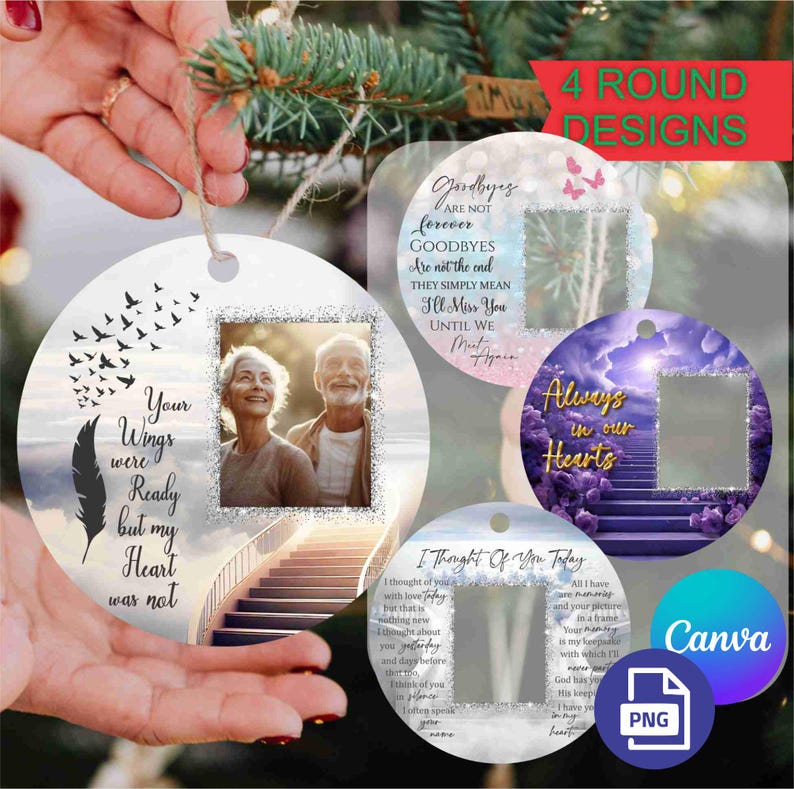 Memorial Christmas Ornament PNG and CANVA TEMPLATE, 4 Designs, Round Christmas in Heaven, In Loving Memory, Digital Design, Instant Download image 1