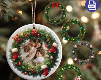 Christmas Photo Ornament PNG, Round Frame Designs (Digital Download)