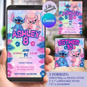Stitch Invitation, Birthday Invite Editable, Stitch & Angel Canva Template, Printable, Invite and Backdrop, 3 Formats, Instant Download