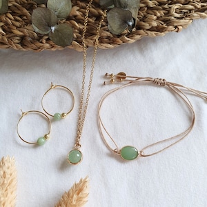 Pearl jewelry set, gold jewelry set, gemstone jewelry I jade I aventurine I gold earrings, bracelet, necklace with stone, hoop earrings, green