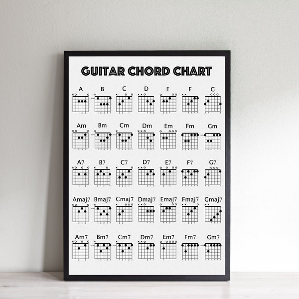 Affiche d'accords de guitare, tableau d'accords de guitare, impression d'accords de guitare, cadeau de Noël pour un guitariste, cadeau d'anniversaire de guitare, plusieurs tailles