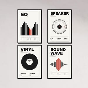 Music Poster Bundle Set of 4 | EQ Speaker Vinyl Sound Wave | Minimalist Swiss Design Print | Music Studio Wall Art | Black Red Cream