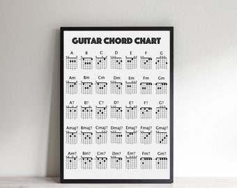 Gitaar akkoord poster, gitaar akkoord grafiek, gitaar akkoord print, kerstcadeau voor een gitarist, gitaar verjaardagscadeau, meerdere maten