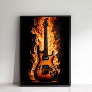 Guitar Wall Art Poster, Guitar In Flames Design, Cool Music Art, Birthday Gift Present, Poster For Musician, Guitarist Christmas Gift