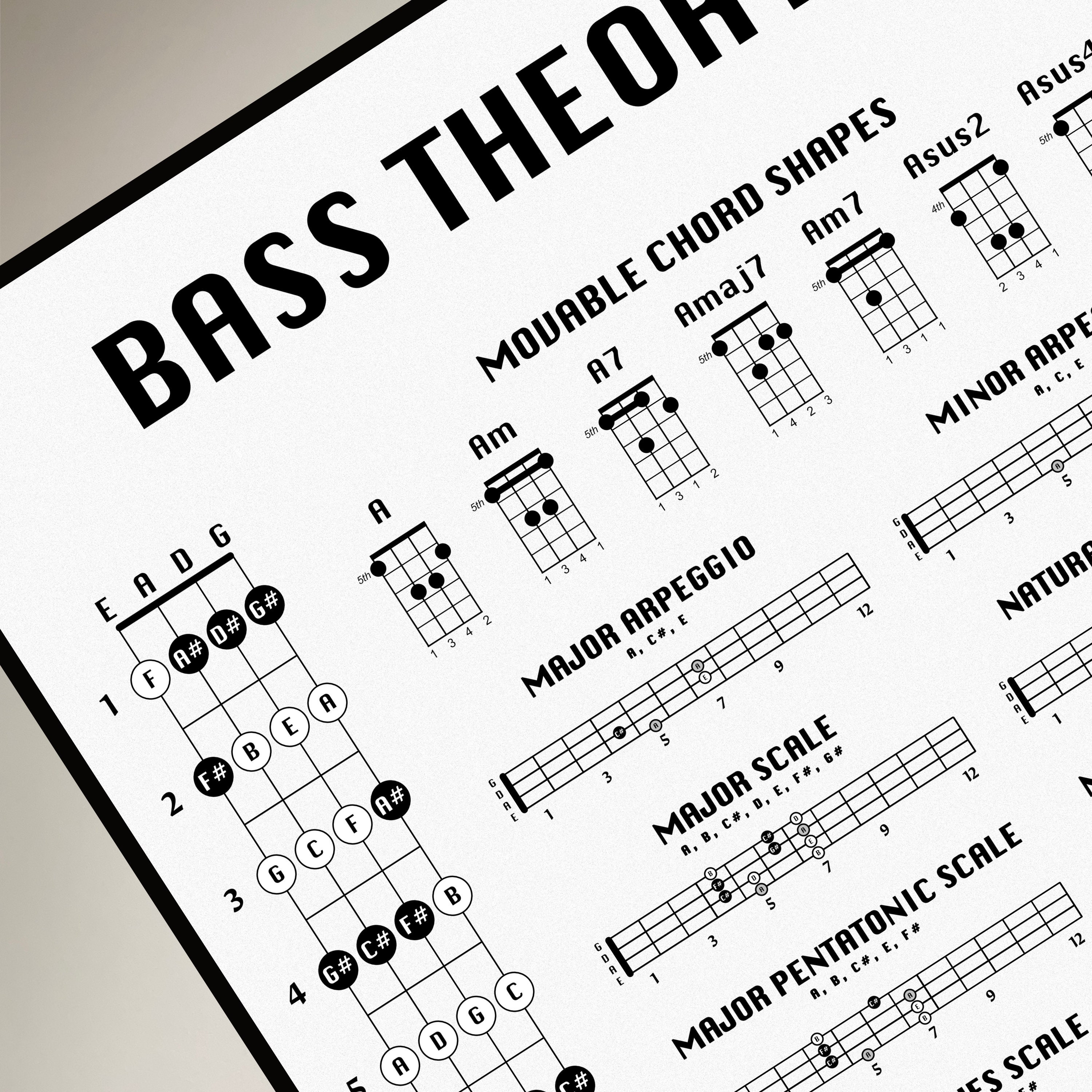 Bass Guitar Theory Poster, Bass Chord Chart, Fret Notes, Bass Modes