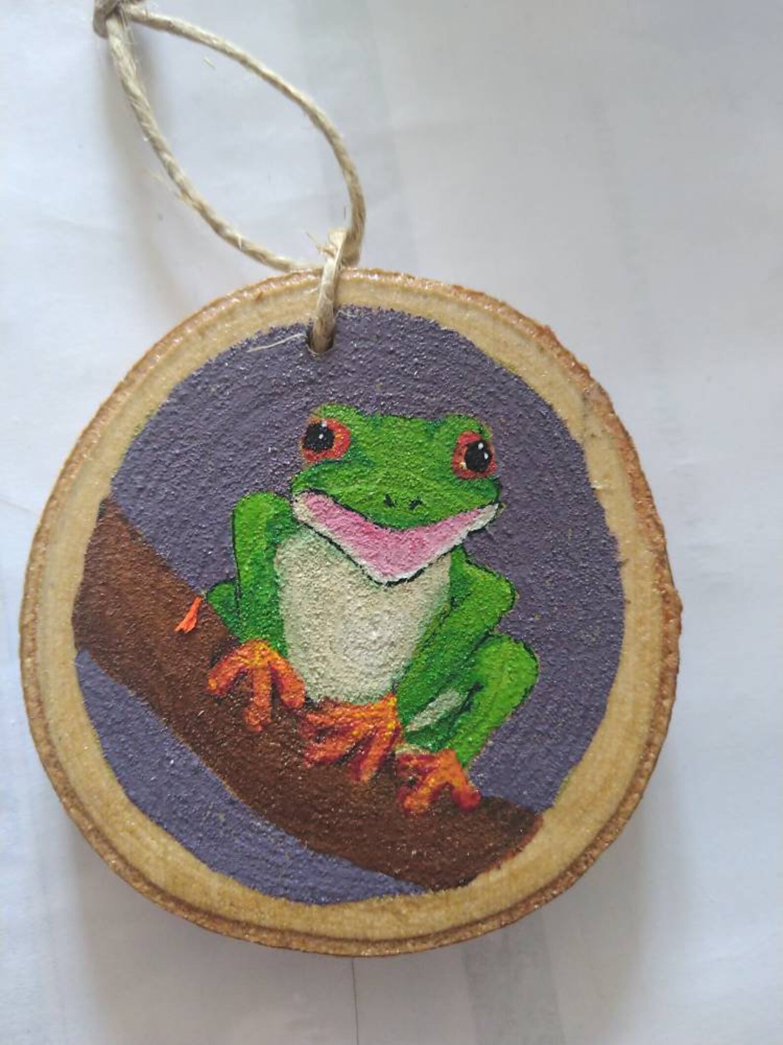 Happy frog good luck token hanging decoration on wood slice Etsy