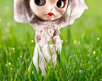Puede incluir: Una muñeca con el pelo largo, liso y plateado que lleva un vestido blanco con detalles florales rosas. La muñeca está de pie en un campo de hierba verde con gotas de rocío.