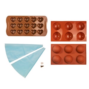 Hot Chocolate Bomb Mold Set | 2 Sphere Silicone Molds Cocoa + 1 Heart Silicone Mold + 2 Piping Bags + Metallic Tip | For Home Kitchen Baking