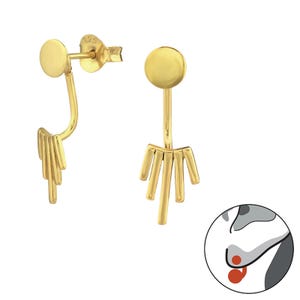 May include: Gold-tone double-sided earrings with a round top and a dangling design of vertical bars. The earrings are shown against a white background.
