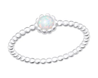 Silver Opal Ring - 925 massief sterlingzilver, sierlijk, dagelijks gebruik, kralenband, dun, hypoallergeen, nikkelvrij, maat L