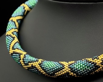 Green gold python choker. Chunky snake necklace