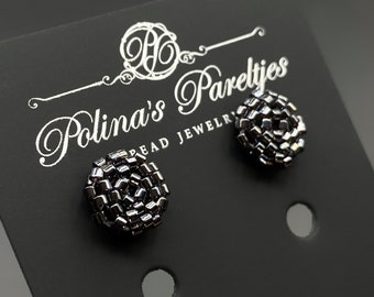 Black button studs. Minimalist hematite color earrings