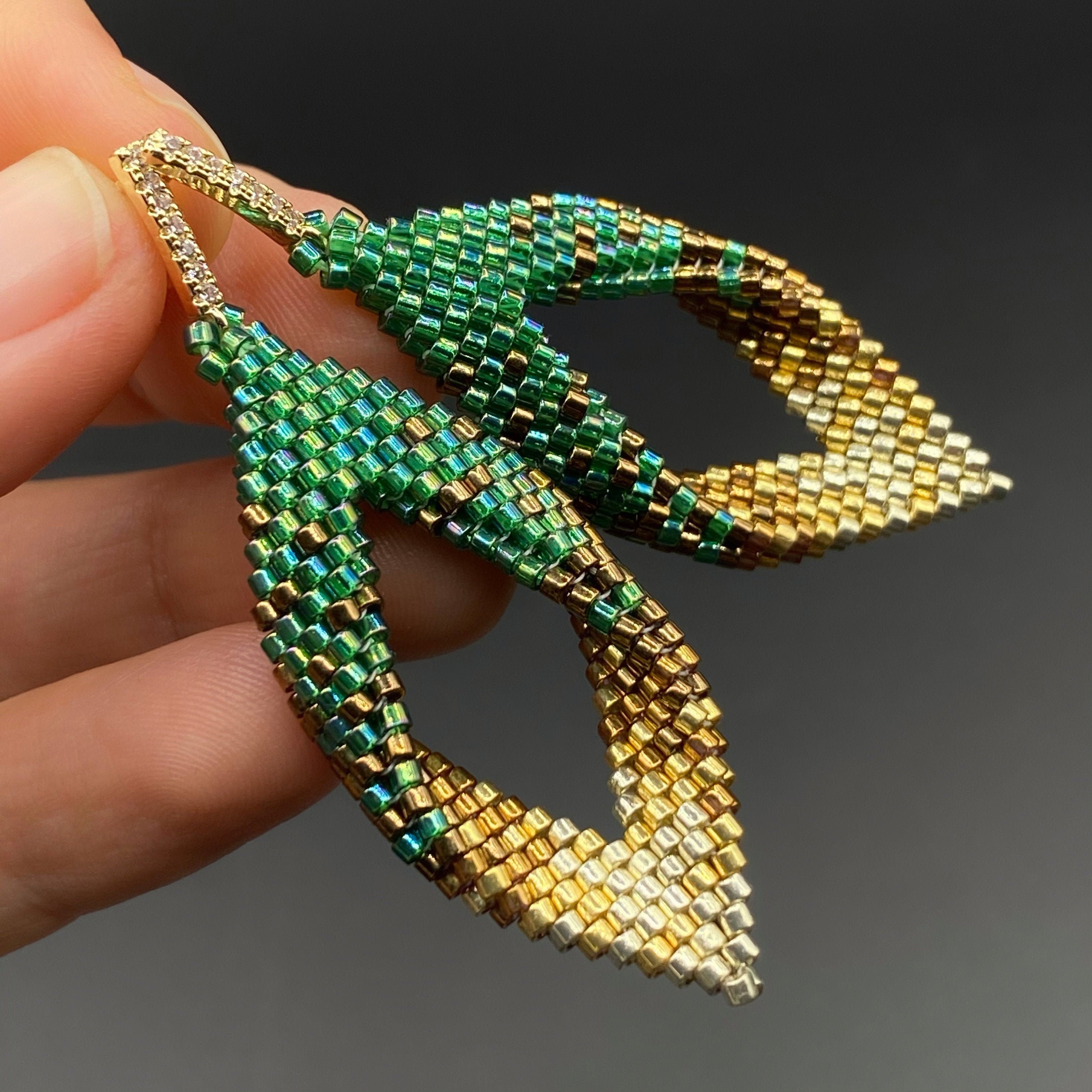 Green gold rhombus earrings Shiny emerald gradient ombre earrings
