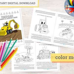 Vehicles and Construction Printable Coloring & Activity Book Kids Coloring Pages Digital Instant Download image 1