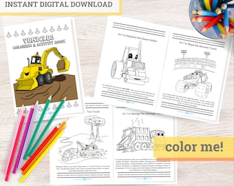 Vehicles and Construction Printable Coloring & Activity Book - Kids Coloring Pages - Digital Instant Download