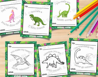 Dinosaur Puns Printable Valentines - Color and Black & White - Coloring Valentines Day Cards - Digital Instant Download
