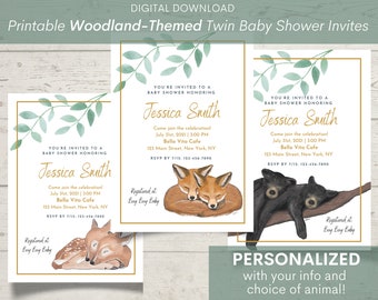 Printable Woodland Animal Baby Shower Invitations (Bear/Fawn/Fox) - Twins/Siblings - Personalized Gender Neutral - PDF Download