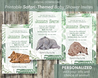 Printable Safari Animal Baby Shower Invitations (Elephant/Tiger/Giraffe) - Personalized Gender Neutral - PDF Download