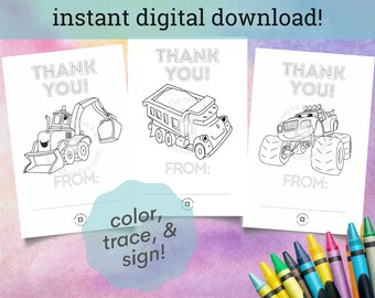 Printable Children's Thank You Cards - Set of 3 Construction Vehicles - Instant PDF Download - Colorable Cards - Children's Coloring Cards