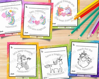 Unicorn Magic Printable Valentines - Color and Black & White - Coloring Valentines Day Cards - Digital Instant Download