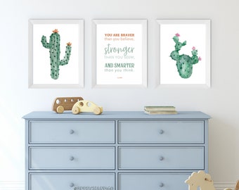 Desert Cactus Digital Print Set - AA Milne Quote - Stronger Than You Believe - Nursery Kids Room Playroom - JPG Download