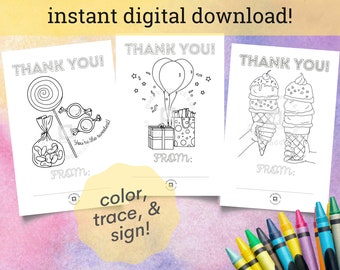 Printable Children's Thank You Cards - Set of 3 Birthday Theme- Instant PDF Download - Colorable Cards - Children's Coloring Cards