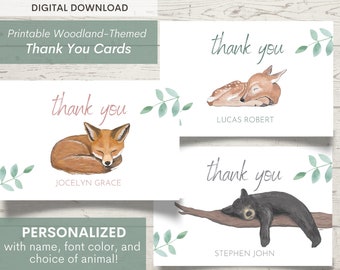 Woodland Animal Baby Shower Thank You Cards - Personalized Cards - Gender Neutral - Fawn/Bear/Fox - PDF Download