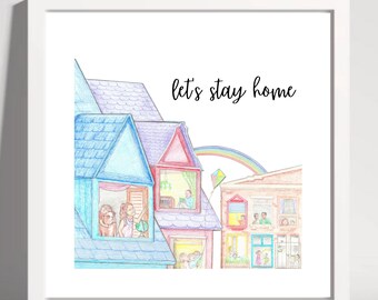 Let's Stay Home Printable Download Drawing of Kids in Windows (Three Colors)